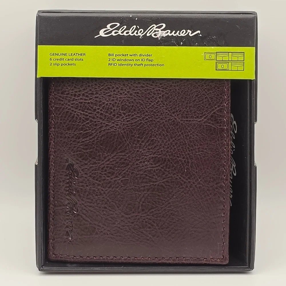 Eddie Bauer Mens Bifold Wallet Flip ID Brown Leather RFID Protection